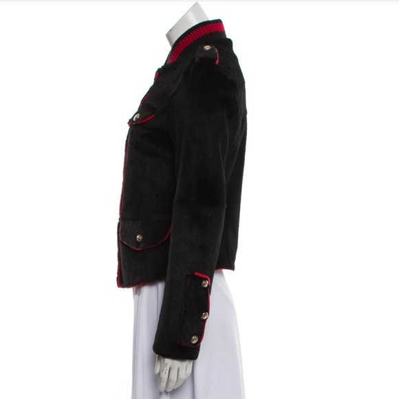 ❌❌ JOCELYN Rabbit Fur Zip Jacket Black Red Military S - Picture 2 of 3